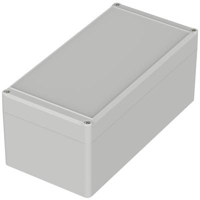 Rectangular grey plastic enclosure with a removable cover and screws at the corners. Suitable for electronic components.