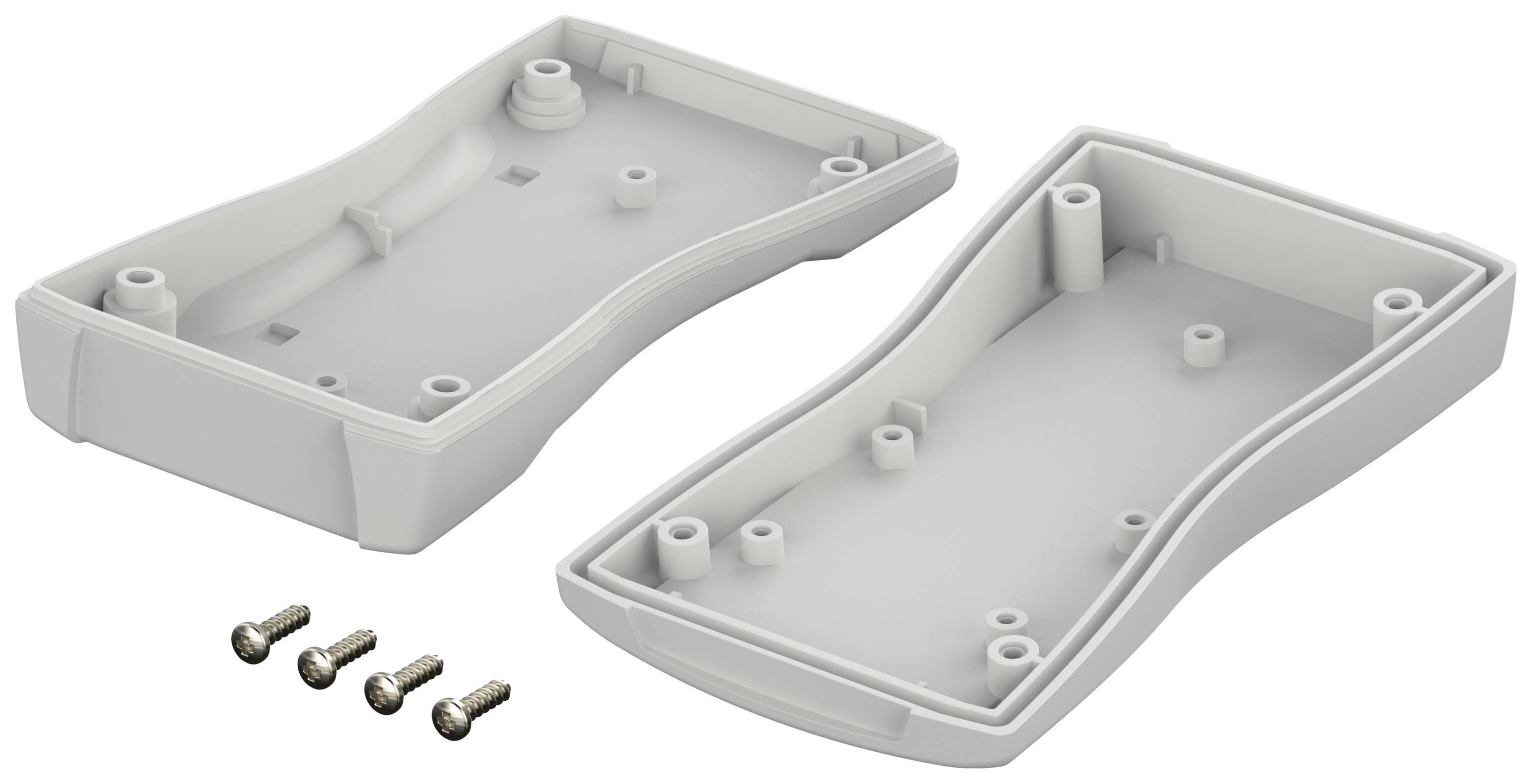 Plastic enclosure, two-piece, grey, with four accompanying screws. Suitable for mounting electronic components.