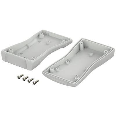 Plastic enclosure, two-piece, grey, with four accompanying screws. Suitable for mounting electronic components.