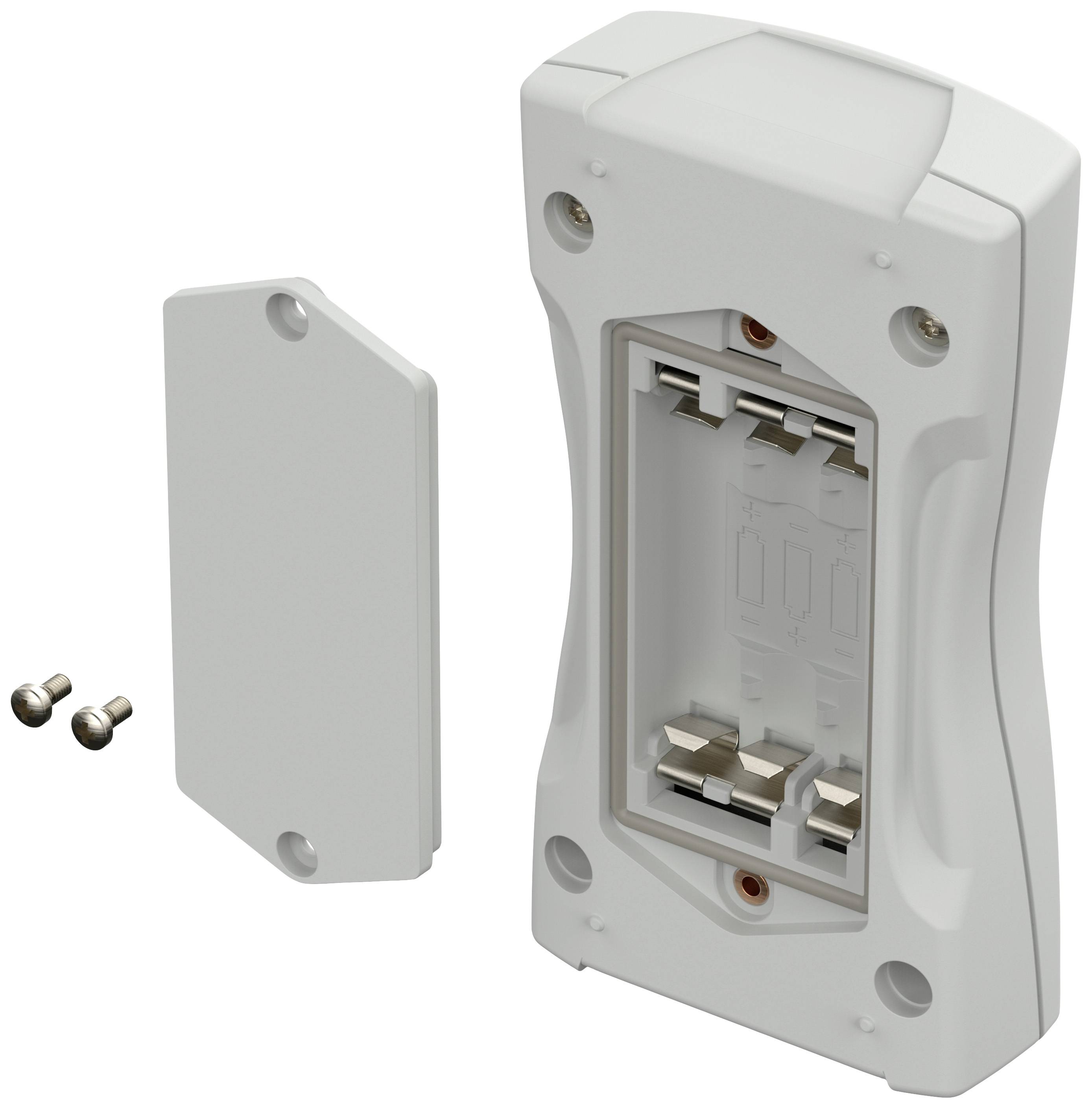 A white electrical enclosure with an open lid and two screws beside it. It shows the internal mounting points for a connector.