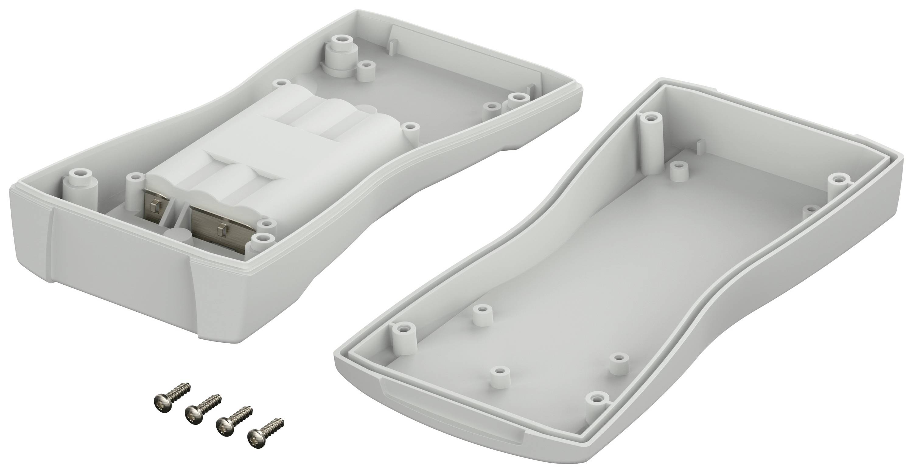 Two-part plastic enclosure kit in grey with four screws, suitable for electronic devices or DIY projects.