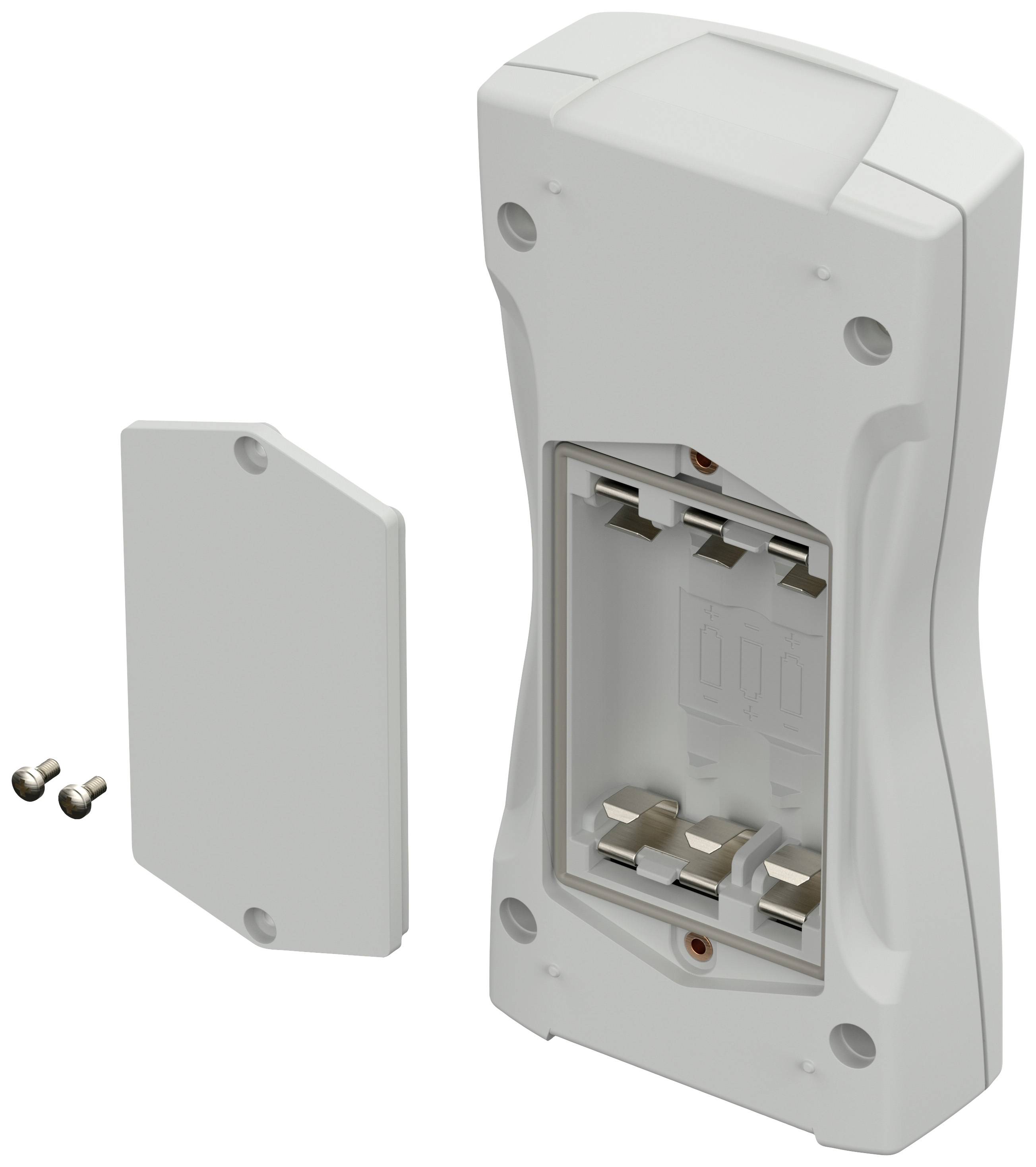 Electrical enclosure, opened, with lid removed and two screws. Internal contacts visible.