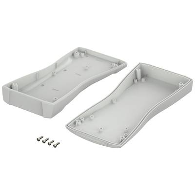 Housing made of grey plastic in two parts. Four screws are shown below. Suitable for electronic components.