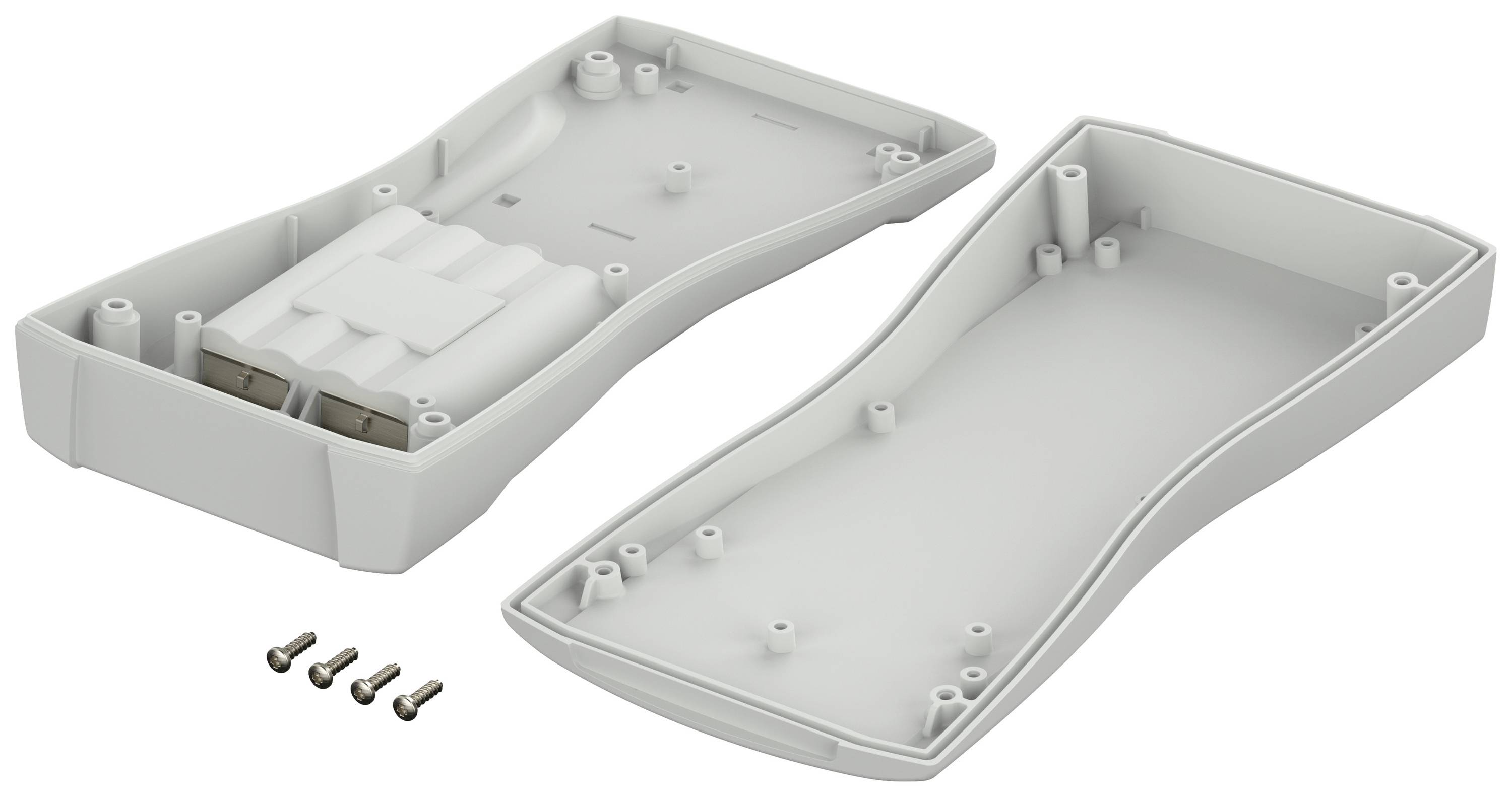 Two-part white plastic enclosure, opened, with four small screws beside it. Suitable for housing electronic devices.