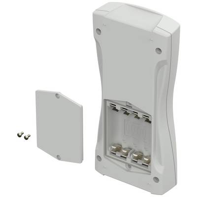 A white, rectangular plastic casing with the rear cover removed reveals four battery compartments. Two screws are lying beside it.
