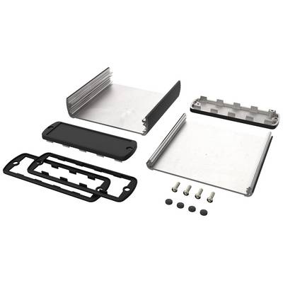 Electronic enclosure set, comprising metal parts, plastic frame, screws and rubber feet, for mounting and protecting devices.
