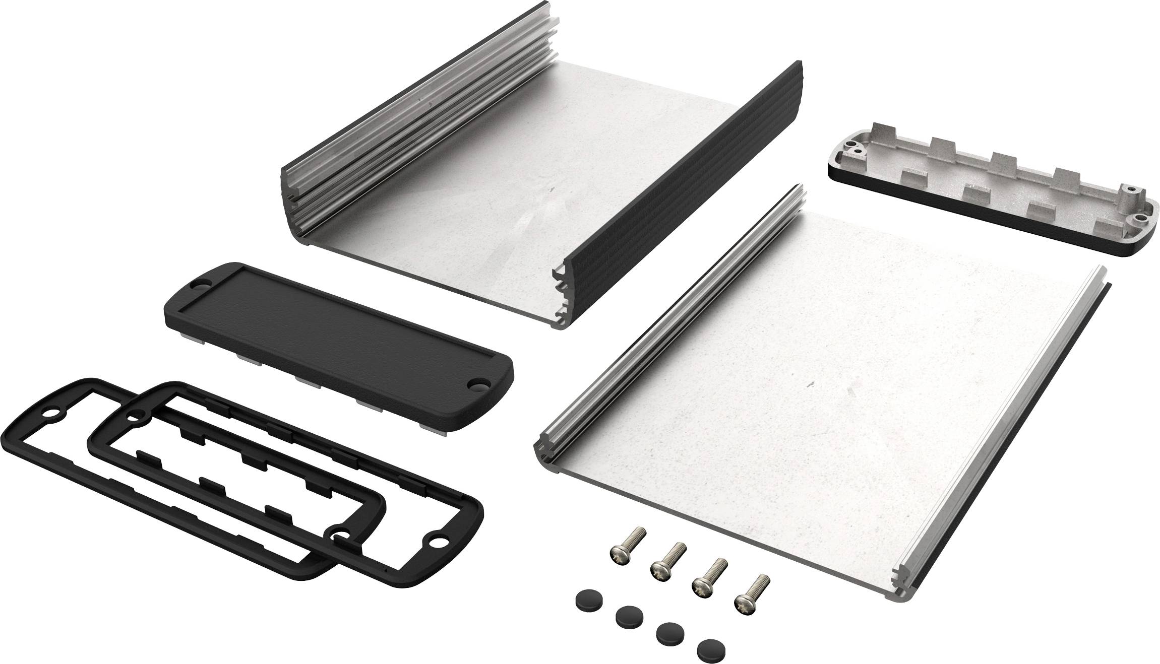 Metal enclosure kit for an electronic device, consisting of two aluminium plates, black plastic components, and mounting screws.