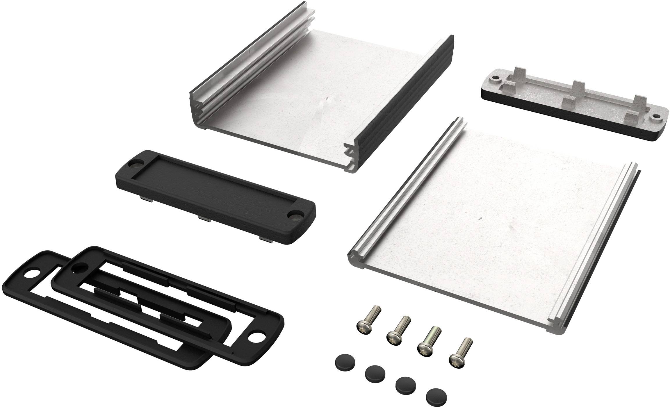 Metal enclosure kit consisting of two aluminium shells, two plastic covers, screws, and rubber feet.