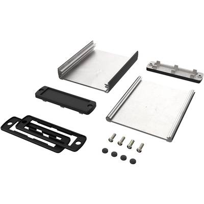 Metal enclosure kit consisting of two aluminium shells, two plastic covers, screws, and rubber feet.