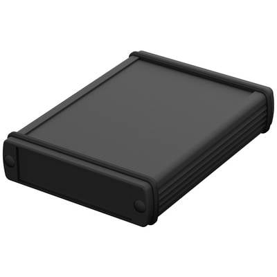 Black external hard drive enclosure in rectangular form.