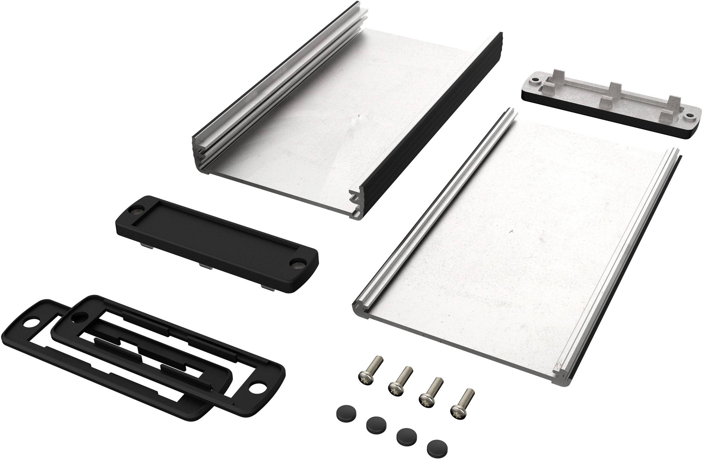 Metal rails, plastic covers, screws and rubber feet in individual parts, form a housing assembly kit.