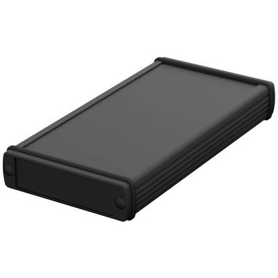 A black, rectangular enclosure, possibly an external hard drive casing, lies flat, with textured corners for shock protection.
