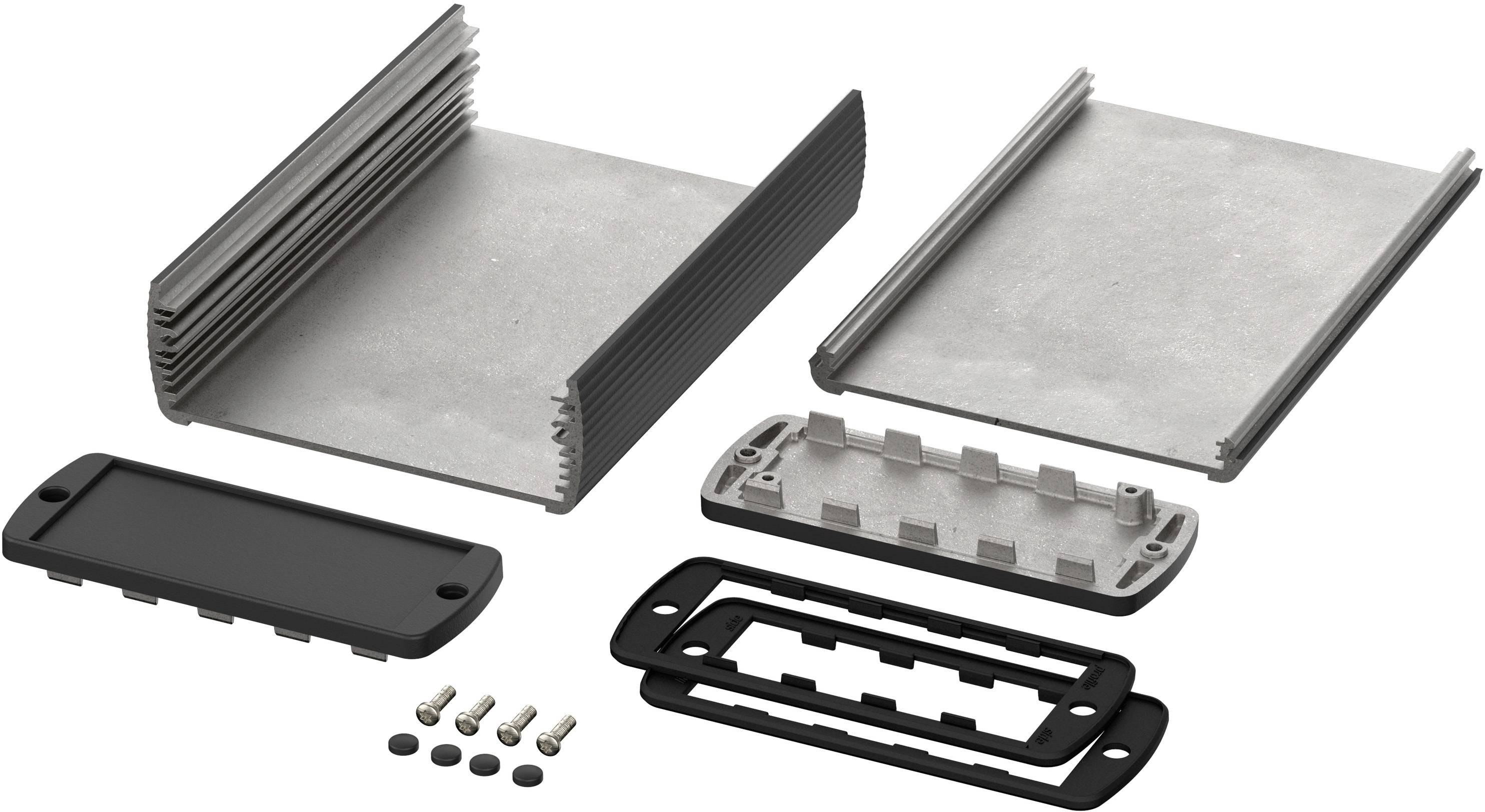 Metal enclosure kit with multiple components, including heat sinks, screws and plastic covers, for assembly.