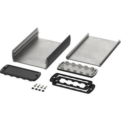 Metal enclosure kit with multiple components, including heat sinks, screws and plastic covers, for assembly.