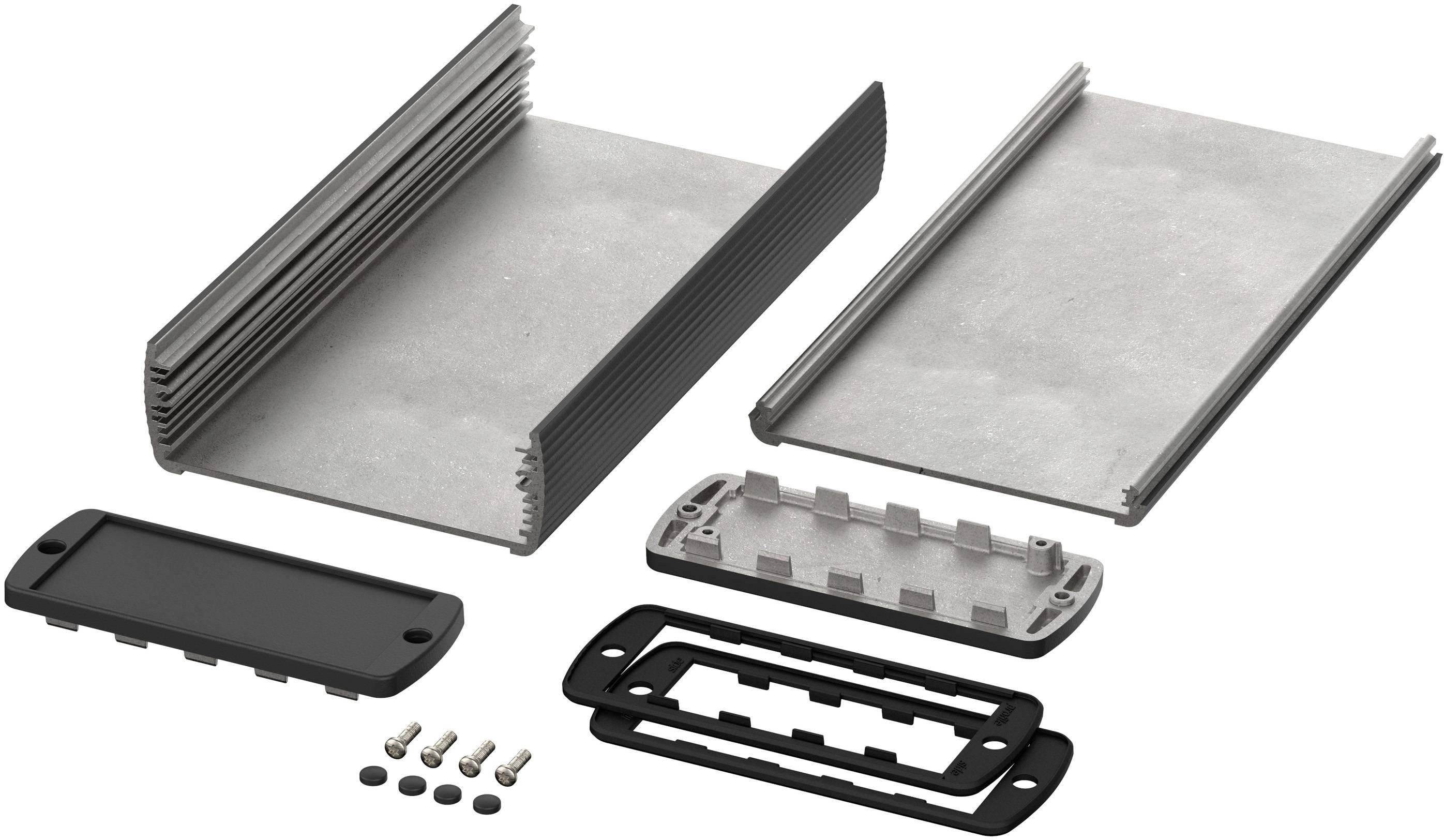 Industrial housing components disassembled: aluminium profile rails, end covers, seals and screws. Ready for assembly.