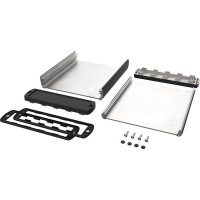 Dismantled aluminium enclosure with covers, screws and seals, suitable for protecting electronic components.