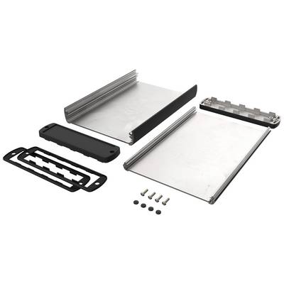 Several metal and plastic components of an electronic enclosure, including side panels, base plate, covers, and screws, on a white background.
