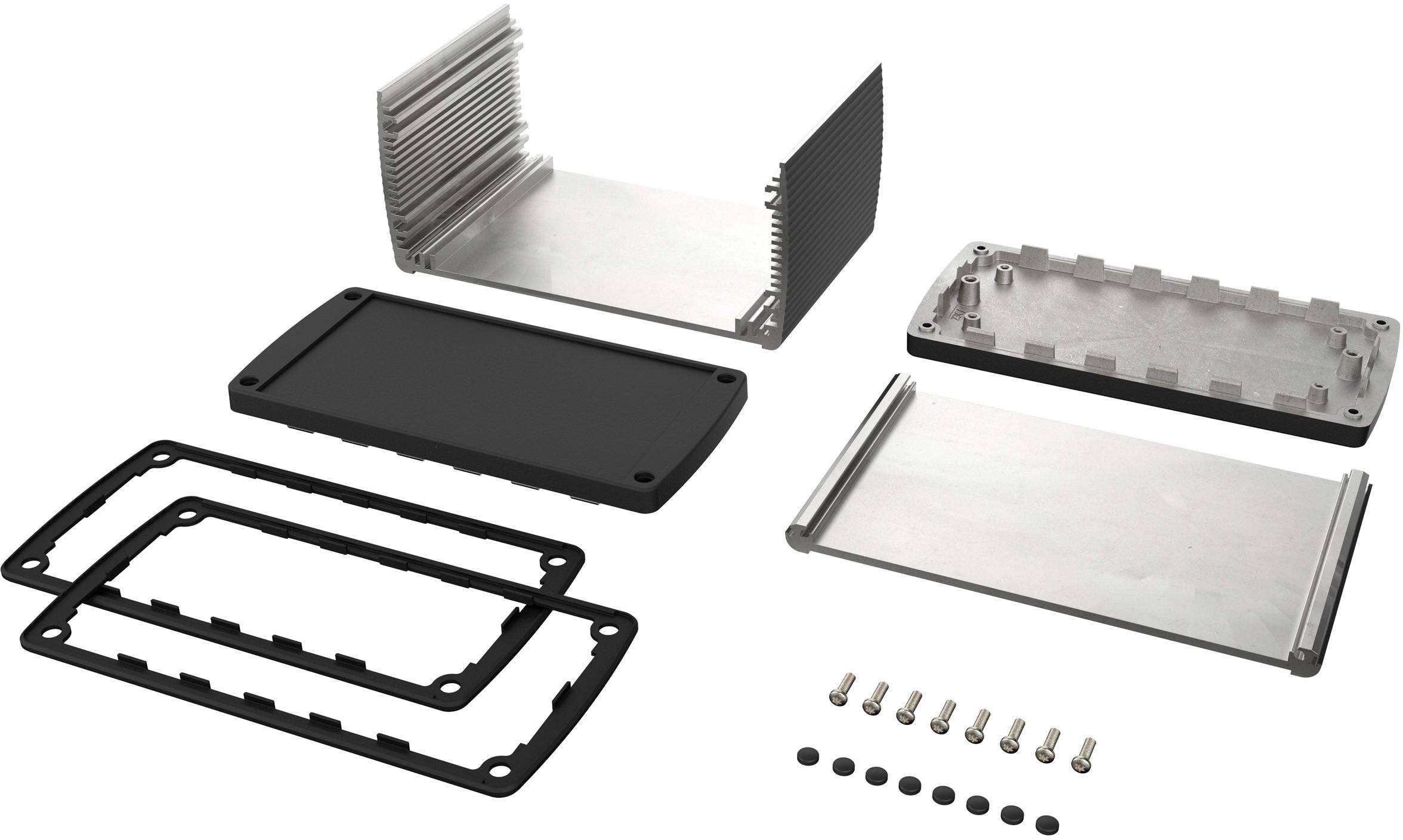 Metal enclosure with removable lids and rubber seals. Screws and sealing washers are included for assembly.