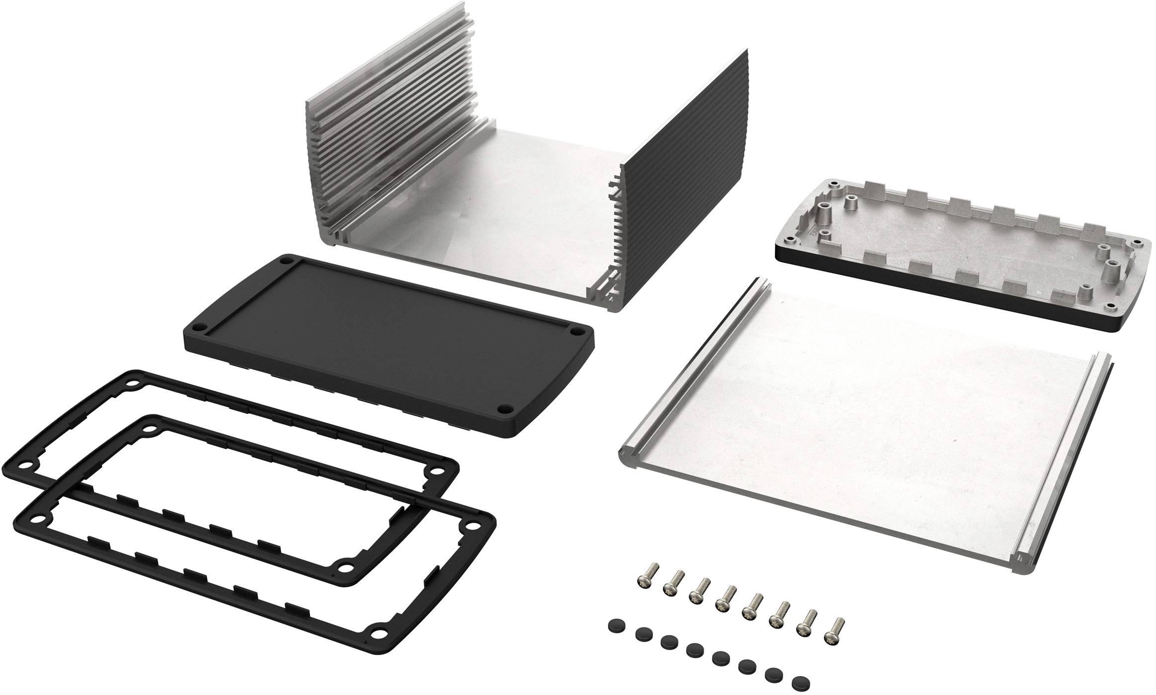 Electronic enclosure in individual parts: Aluminium components, seals, screws. Ready for assembly, suitable for protecting electronic components.