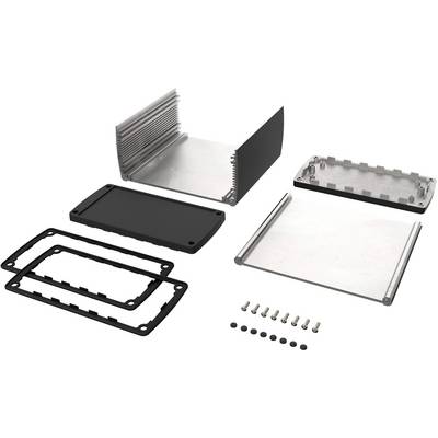 Electronic enclosure in individual parts: Aluminium components, seals, screws. Ready for assembly, suitable for protecting electronic components.