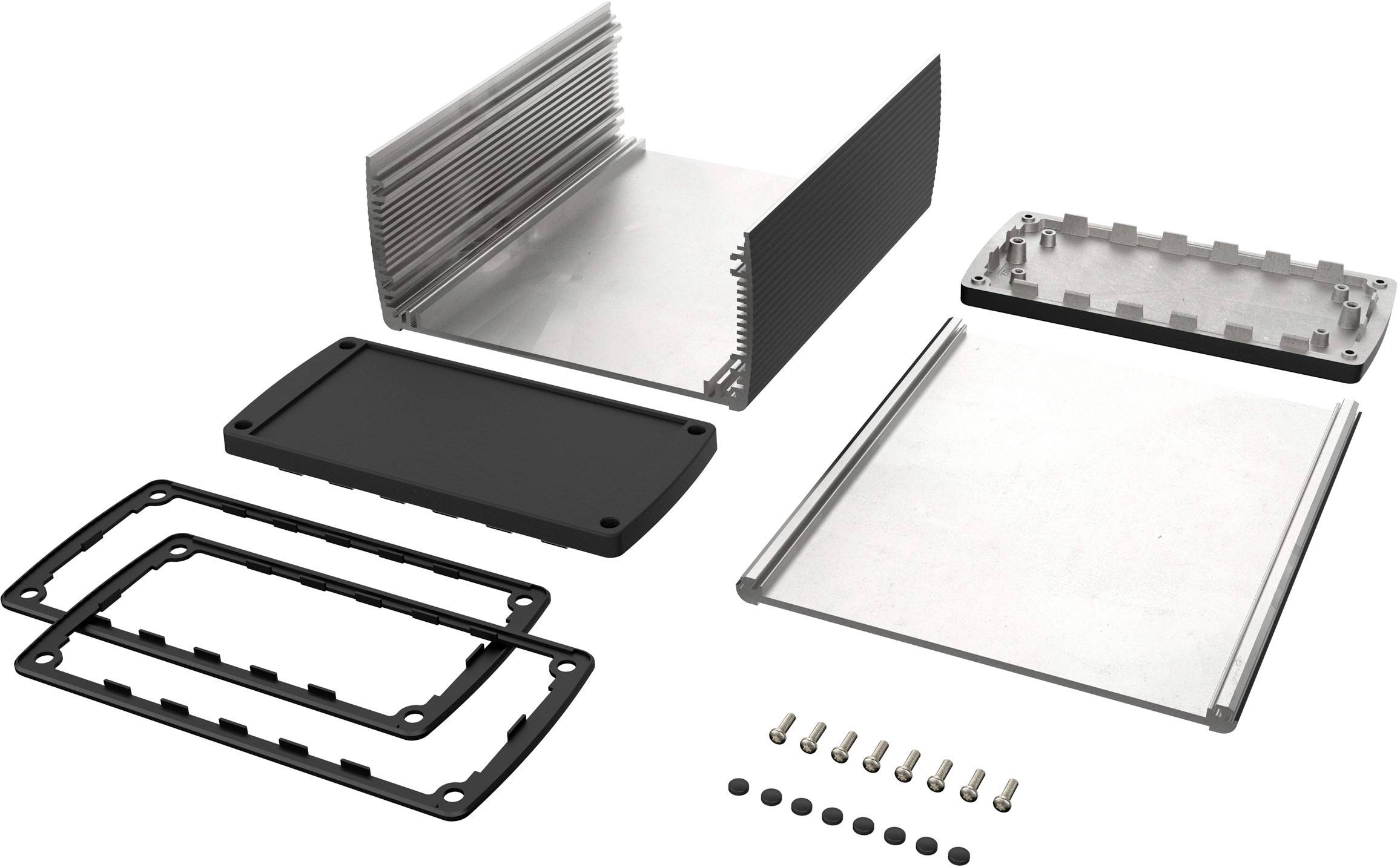 Metallic cooling enclosure with disassembled components, including mountings, seals, and screws, ready for assembly.
