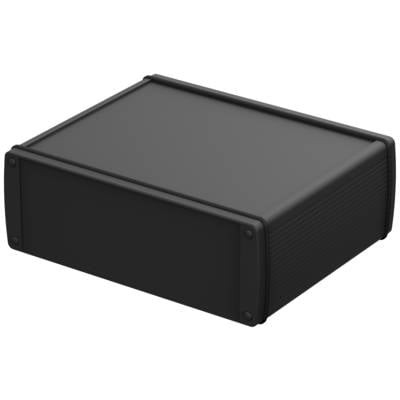 A black, rectangular electronic enclosure with rounded corners and removable side panels.