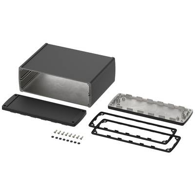 Black aluminium enclosure, opened; showing two lids, seals and screws. Ideal for electronic projects.