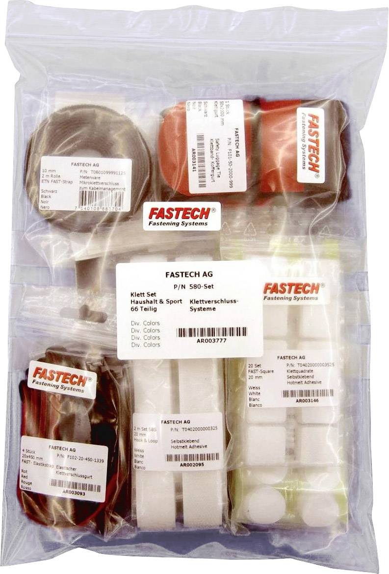 'Hook and Loop Fastener Set by FASTECH AG for Home & Sport, 69-piece. Contains Colours: Various Colours. Product Code: N30-Set. Packaging Displays Logos and Product Information.'