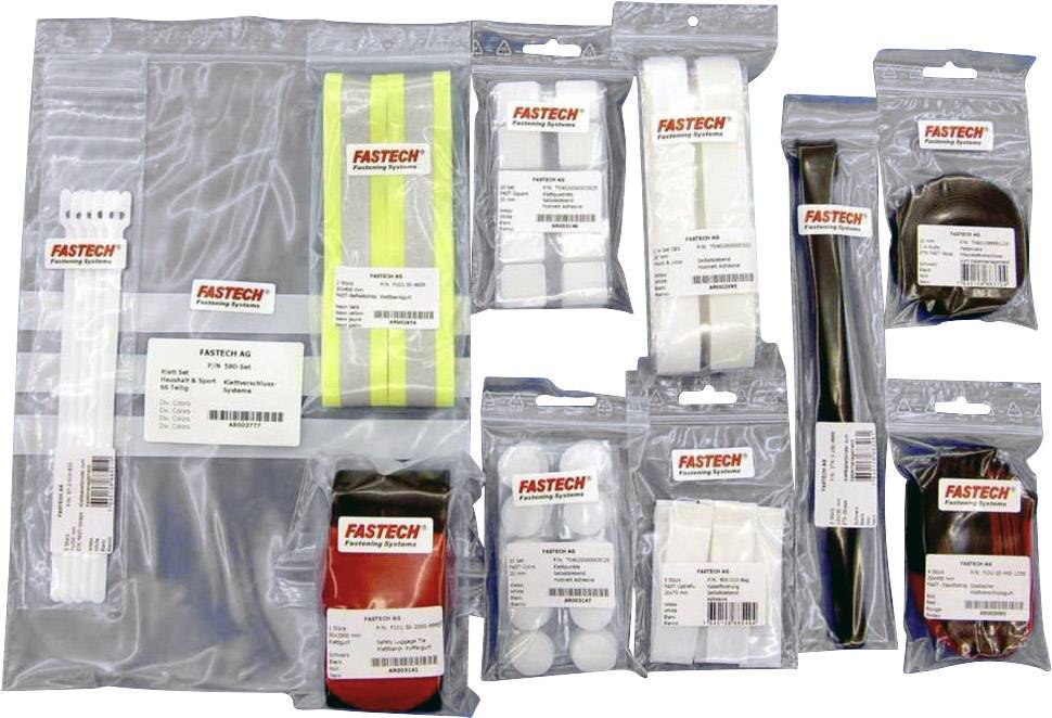 Various packaging with the 'FASTECH' brand logo contains cable ties and insulating tape in different sizes and colours.