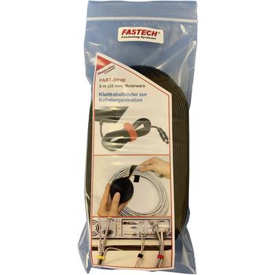Packaging for a 5-metre, 25 mm wide hook and loop cable tie from Fastech for cable management, with illustrations demonstrating its use.