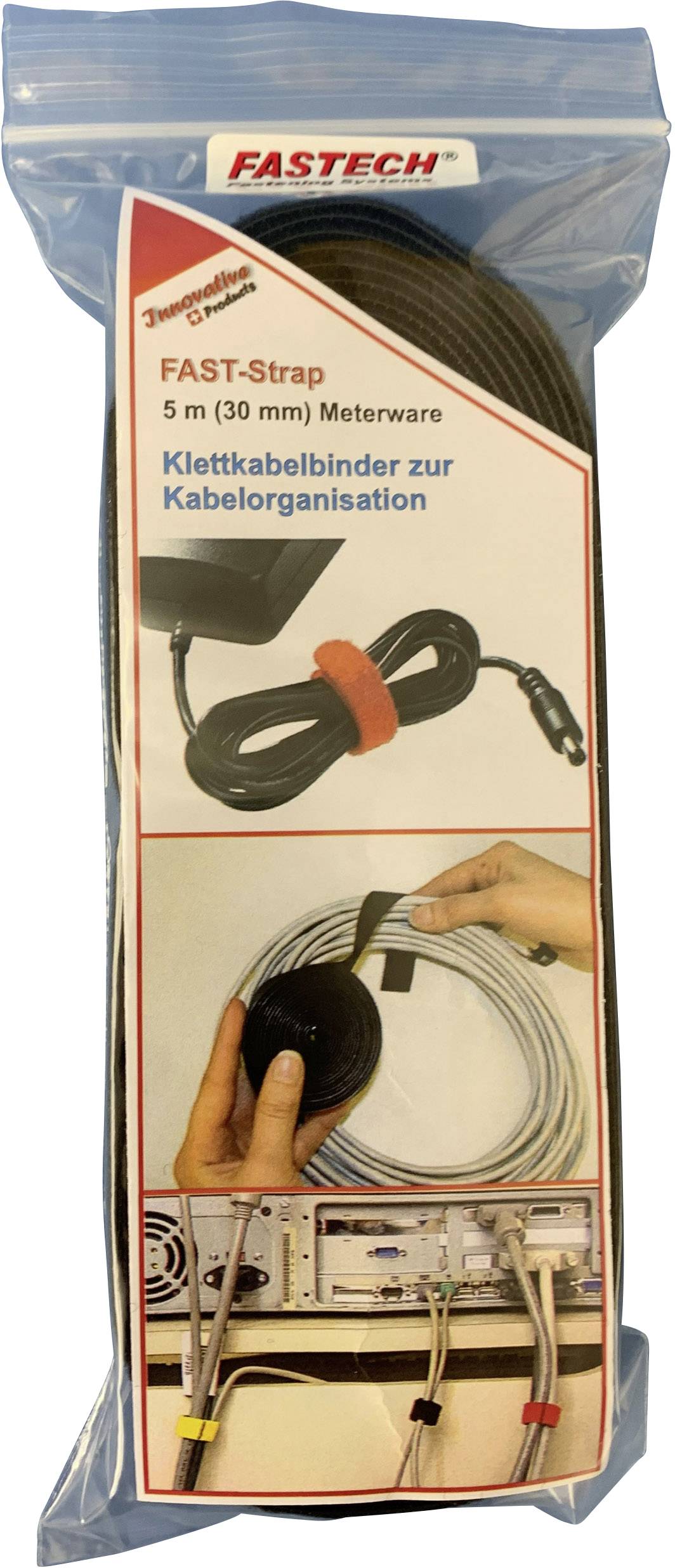 Packaging for a FAST-Strap hook and loop cable tie for cable organisation, 5 m long, 30 mm wide. Demonstrates application for cable bundling.