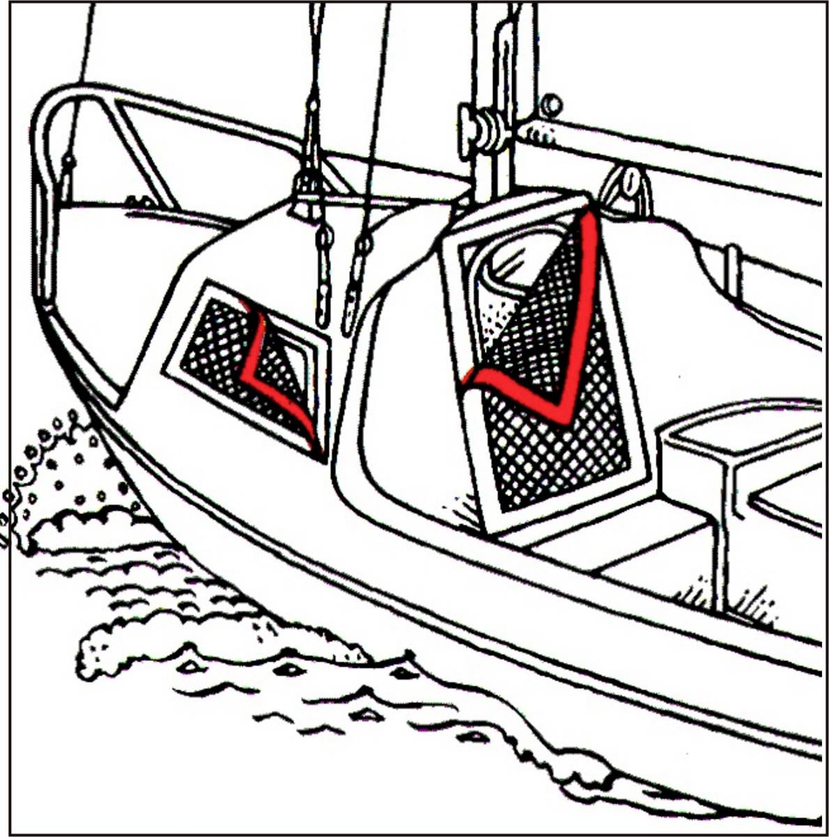 It is a technical drawing of a boat. The focus is on two windows with red alignments on board.