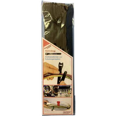 'FAST-Strap' Hook and Loop Cable Ties in Packaging for Cable Management, showing a picture of cables bundled with a black hook and loop fastener.