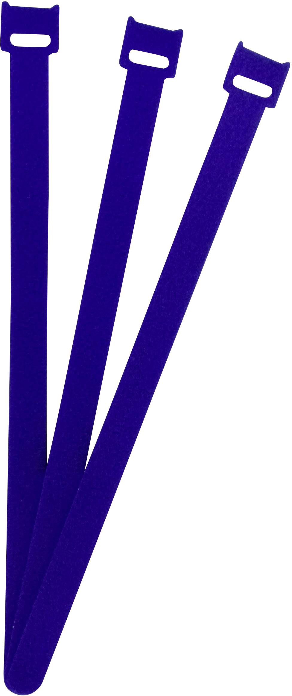 Three blue cable ties are shown upright side by side, slightly separated from each other.