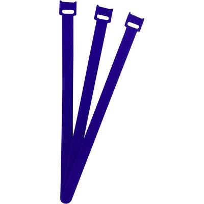 Three blue cable ties are shown upright side by side, slightly separated from each other.