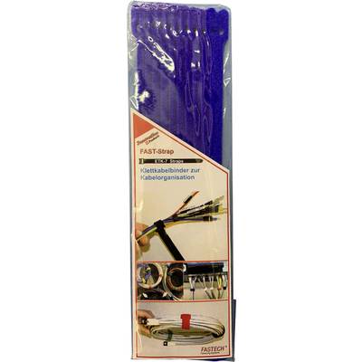 Packaging with blue hook and loop cable ties for cable organisation. A label demonstrates application examples for improved cable management.