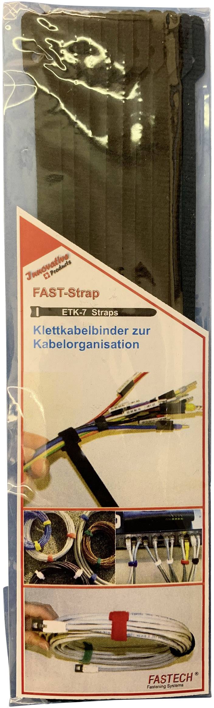 Packaging for FAST-Strap Hook and Loop Cable Ties for Cable Management, showcasing application examples with images of neatly organised cables.