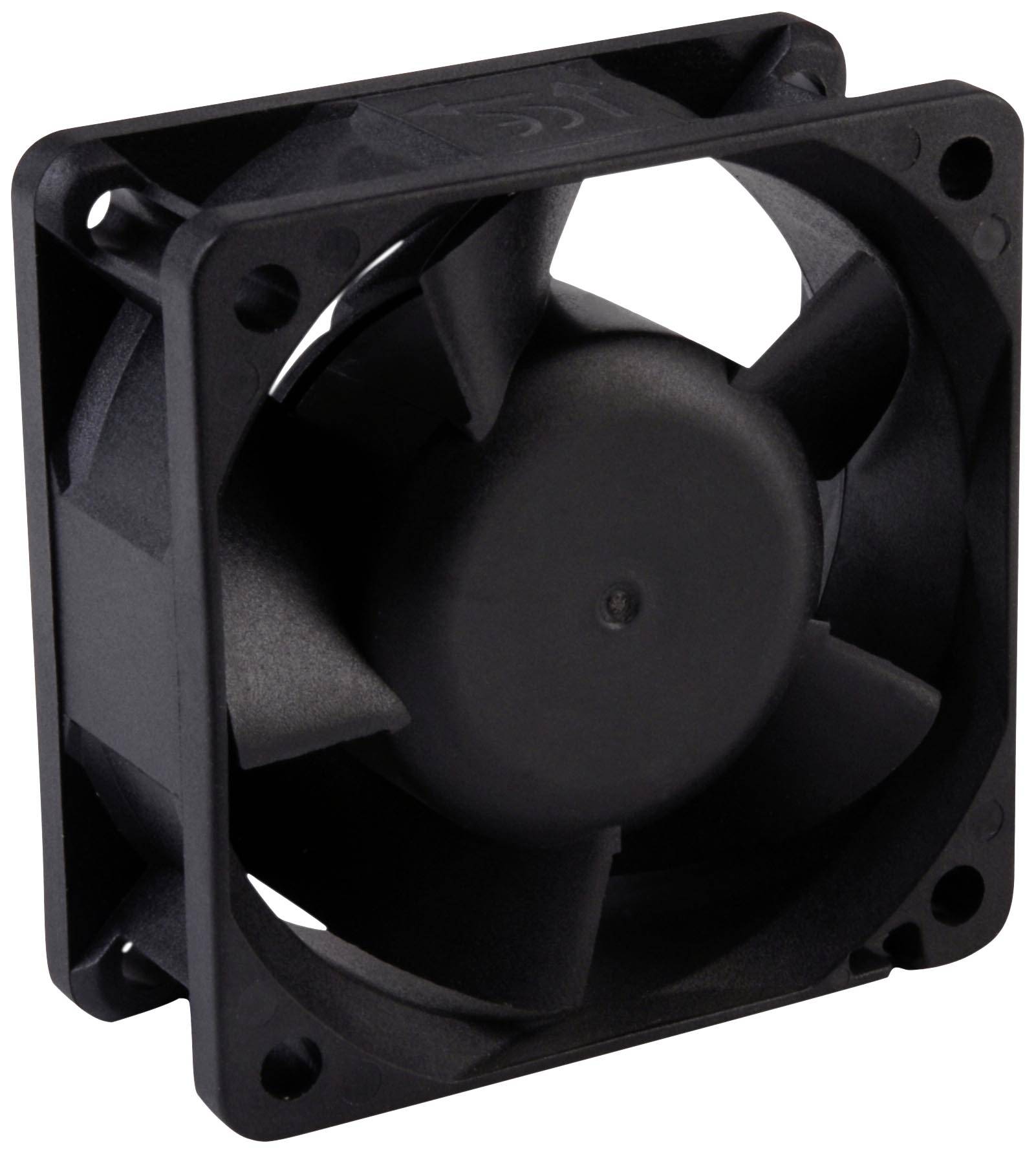 Black, square fan with four blades for cooling electronic devices.