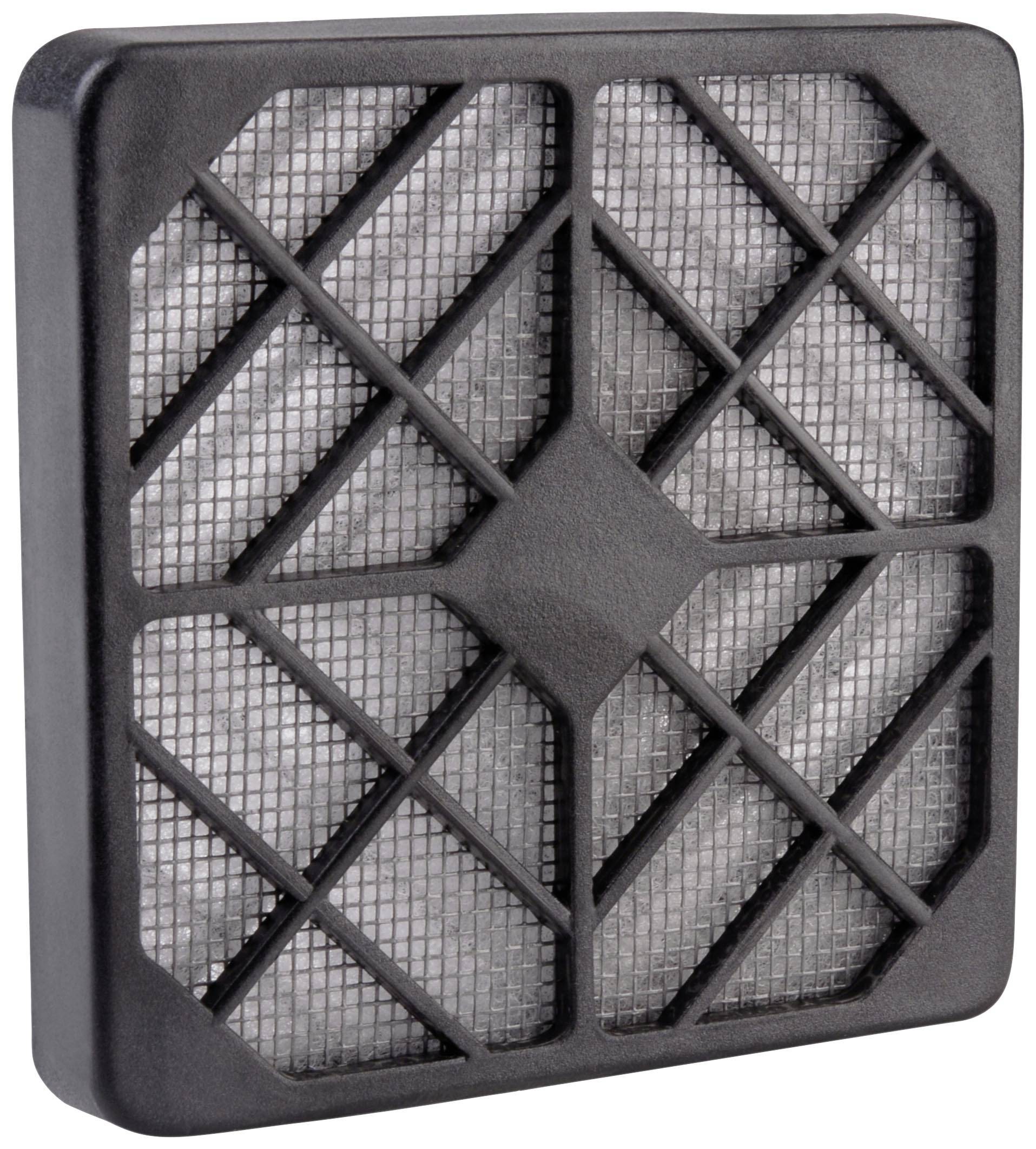 A black, square charcoal filter with a grid-like pattern that traps dirt and particles. Suitable for air purification.