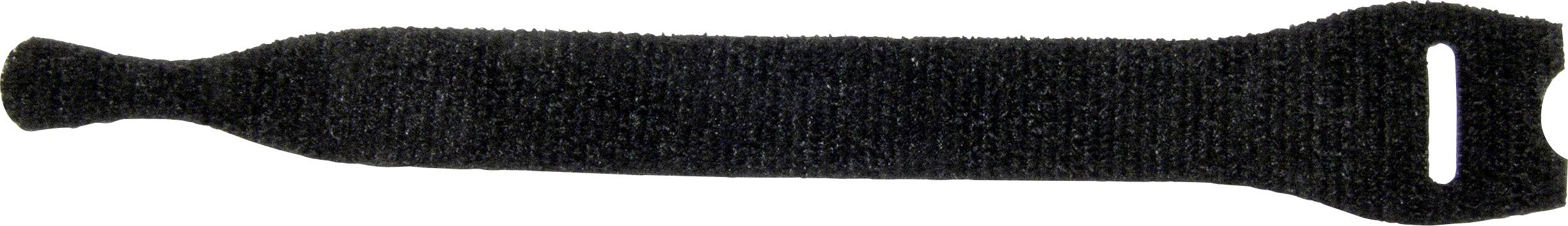 A black hook and loop cable tie with a slot for securing cables, used for organizing wires or small items efficiently.