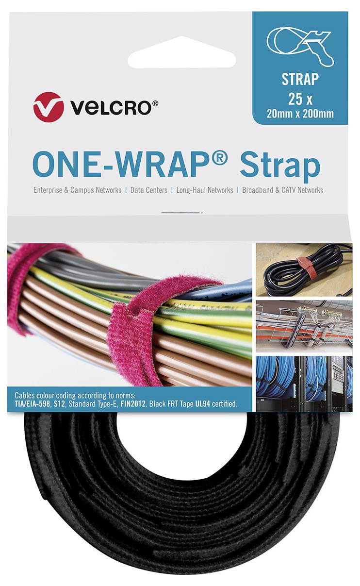 'ONE-WRAP Strap' packaging showing black strap, diagram of usage, and application examples for cables. Dimensions: 25 straps, 20mm x 200mm.
