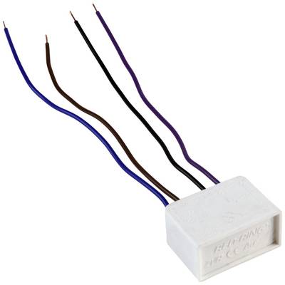 A white electrical component with six protruding coloured wires: blue, brown, black, purple, and two blue.
