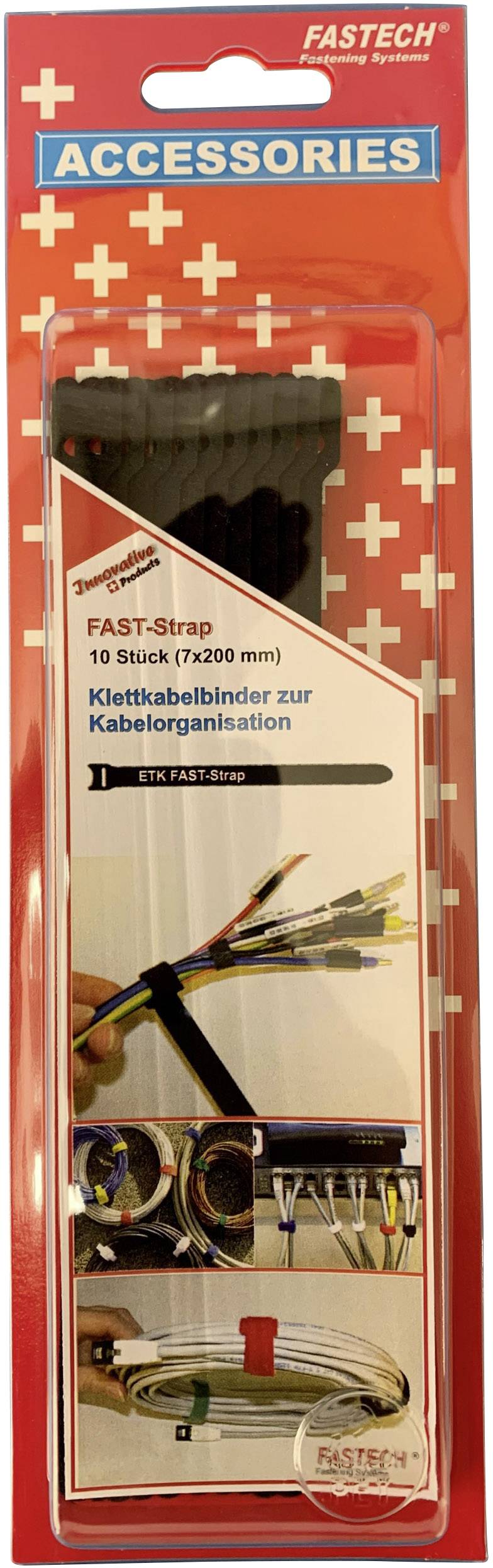 'Ten hook and loop cable ties for cable organisation in various sizes.' Packaging with image of cable application.