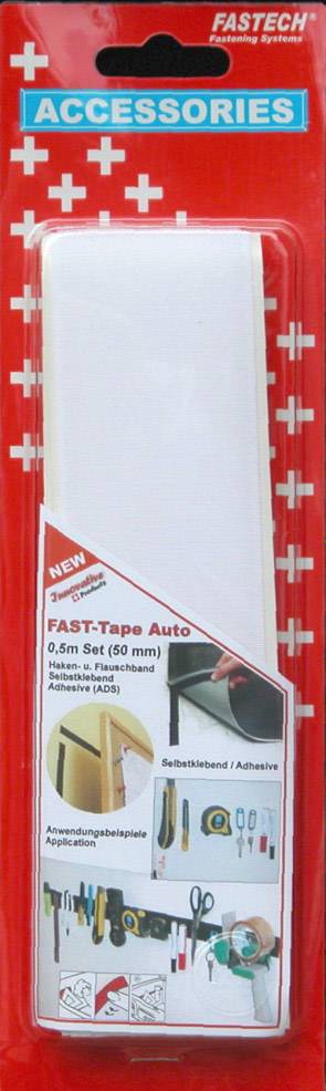 Packaging for 'FAST-Tape Auto' by Fastech. Contains adhesive tape for automotive applications. Illustrations demonstrate possible uses.