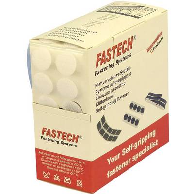 'Packaging for the Fastech branded product, contains self-adhesive fastening systems, with white hook and loop fasteners.'