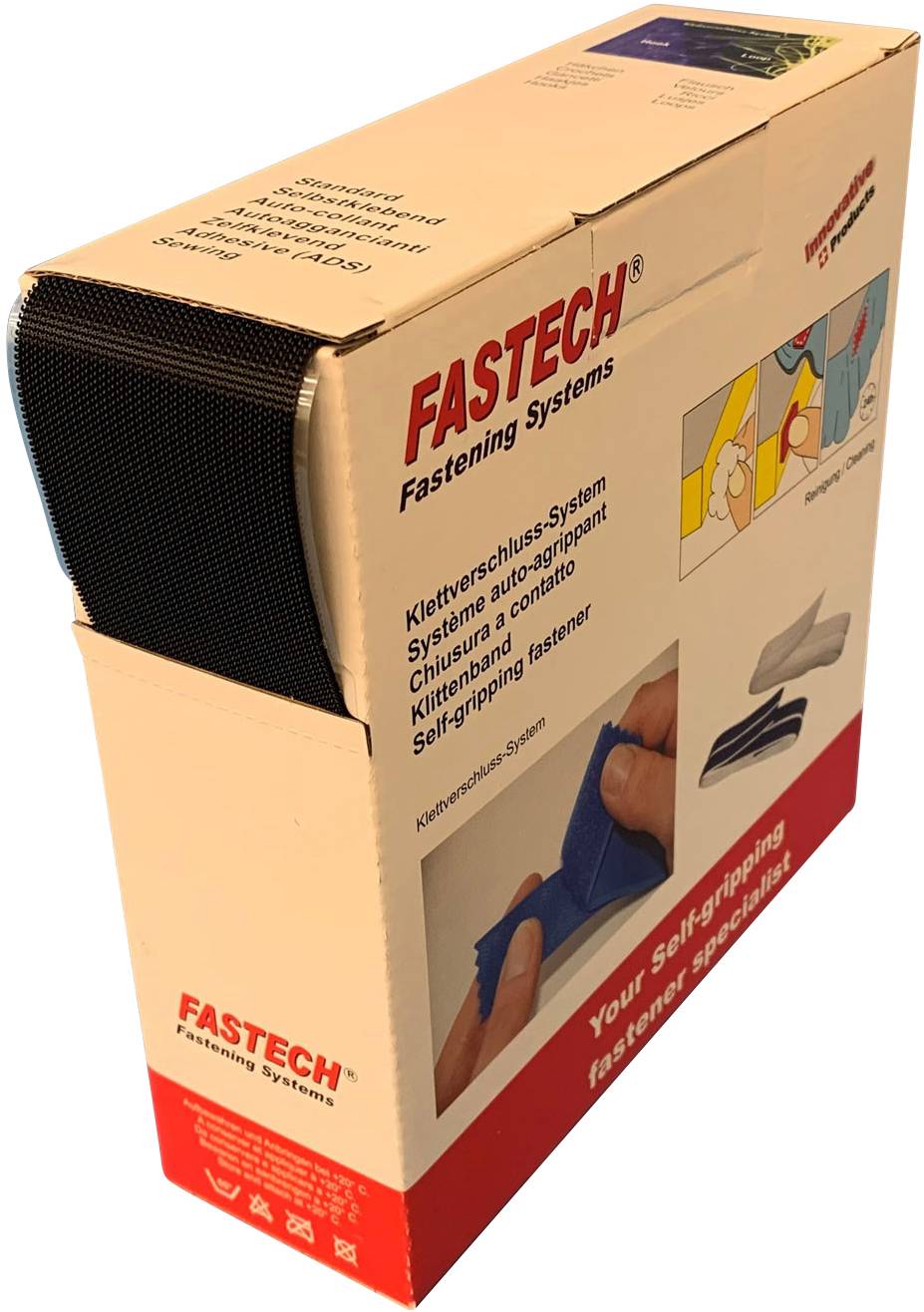 Packaging for a Velcro fastening system by the brand Fastech, displaying application examples and product images, with multilingual labelling.