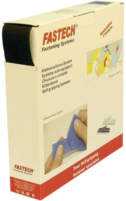 Packaging for Fastech hook and loop fastening system, showing application steps and a photograph of a hook and loop fastener being held by hand.