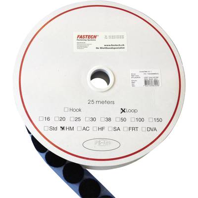 A large, round reel with hook and loop fastener tape measuring 25 metres. Printed information displays various size options.