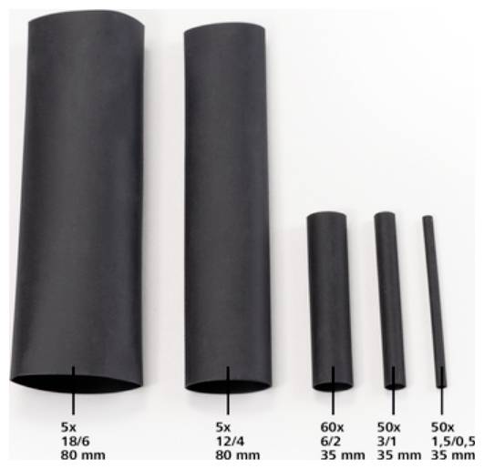 'Assorted black heat shrink tubing', showing six pieces of varying diameters and lengths with labels indicating size and quantity.