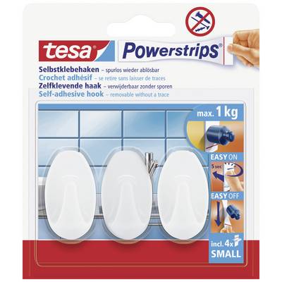 Three white, self-adhesive Tesa hooks shown on a blue-tiled wall. Holds up to 1 kg, easy to apply and remove.